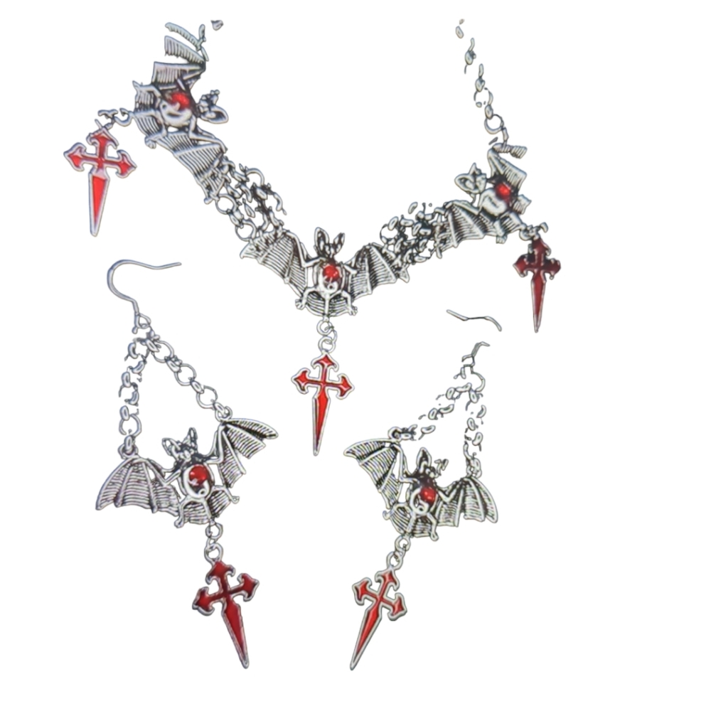 GOTHIC Style Silver Metallic and  Red Droplet Bat and Cross Earrings & N…